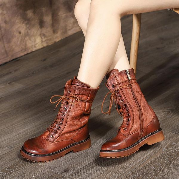 

boots vintage style lace up latest women shoes genuine leather low heels female footwear winter mid calf boots1, Black