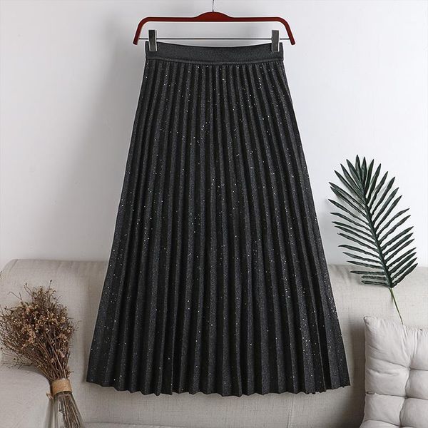 

2020 autumn skirt elegant high waist women long skirt pleated shiny ladies silver gold metallic shiny ankle1, Black