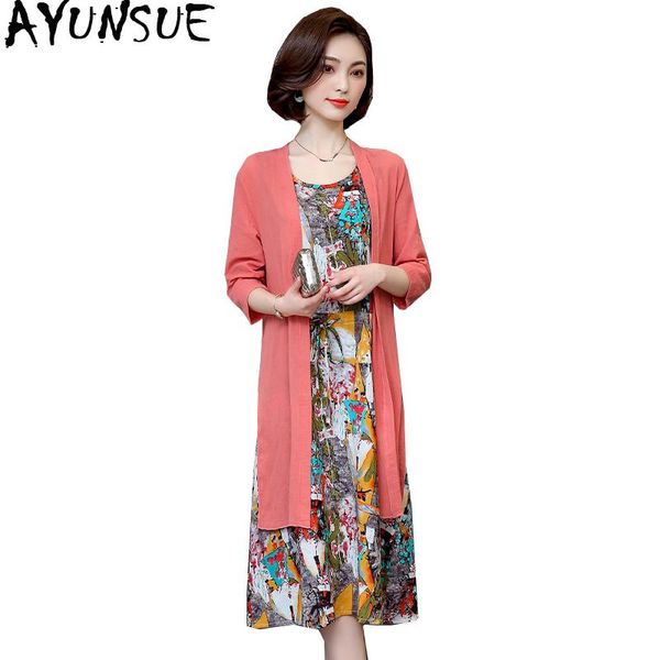 

casual dresses ayunsue floral summer dress 2021 plus size 4xl 5xl two piece cotton and linen elegant big robe femme ete kj073, Black;gray
