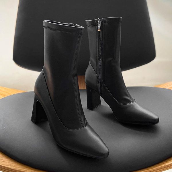 

boots deat 2021 autumn / winter fashion casual pointed thin high heels thick heel square leather shoes women sf807, Black
