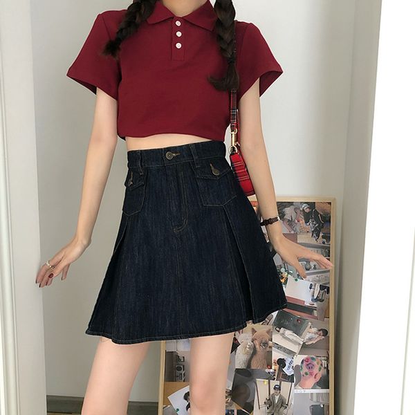 

2021 new s-xl a line for women will see pocket pleated waist denim women's skirt jeans (72766) xaq0, Black