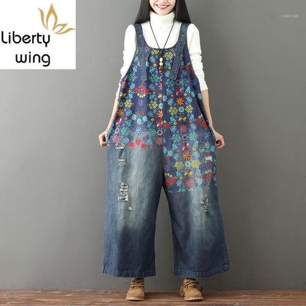 

new denim jumpsuit for women printing floral torn jeans girl vintage pockets wide leg rompers female streetwear deep blue1, Blue