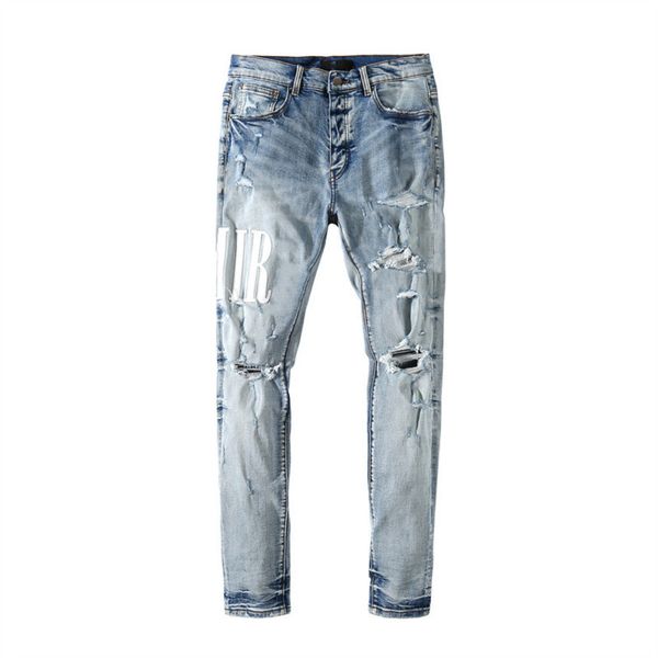 

mens jeans light blue letters collage hol washed european and american high street