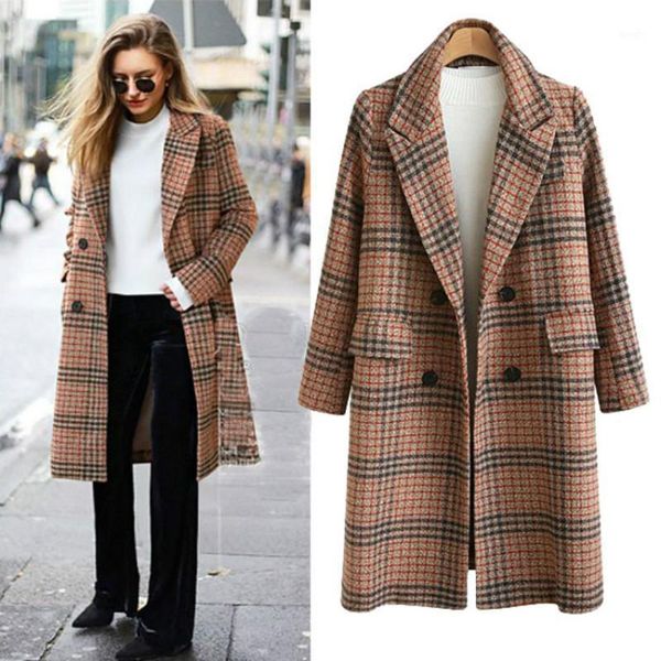 

autumn and winter 2020 new women's british wind big size loose medium and long grid hair coat coat.1, Black