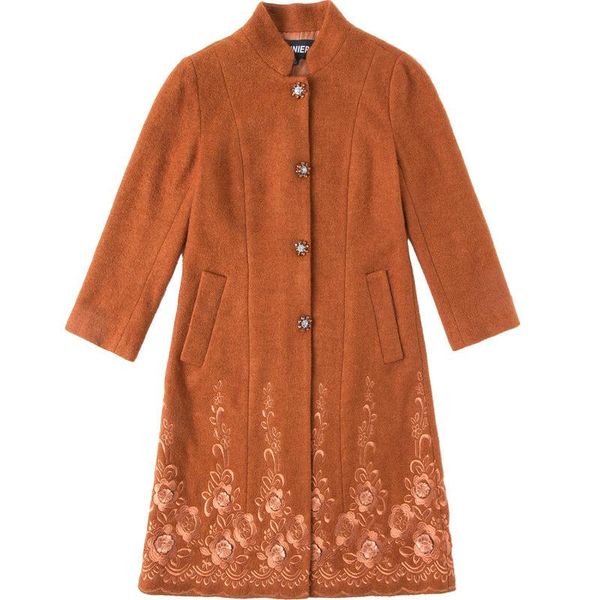 

women's wool & blends 2021 winter long coats women single breasted vintage embroidery woolen coat outerwear plus size casual cashmere, Black