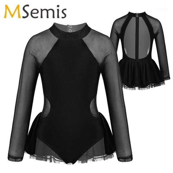 

stage wear ballet leotard for girls gymnastics sheer long sleeve tulle splice open back ruffle trimmings dance jumpsuit1, Black;red