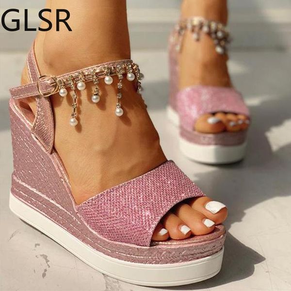

2021 new women wedge sandals summer bead studded detail platform sandals buckle strap peep toe thick bottom casual shoes ladies, Black