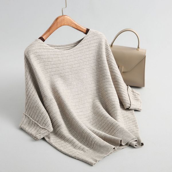 

new fashion autumn winter soft striped breathable loose three quarter short-sleeved acrylic knit coat sweaters t200319, White;black