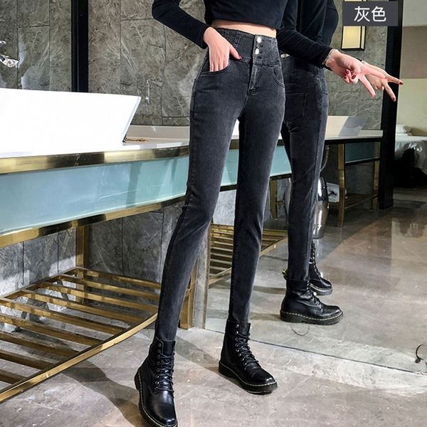 

2021 streetwear high thick denim female pants size drawing pencil mother thin waist velvet jeans q4q5, Blue