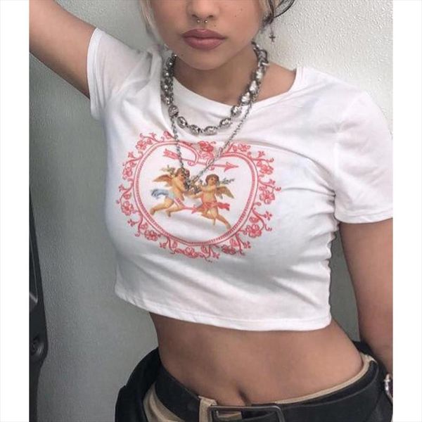 

2020 harajuku women fashion casual short sleeve turtleneck print short t shirt chemise femme magliette donna aesthetic, White