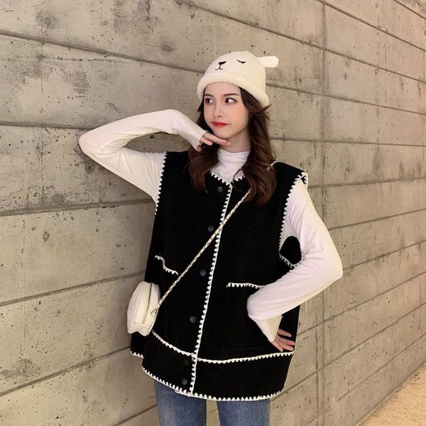 

autumn and winter new product open thread crochet design loose thick waistcoat round neck sweater women, Black;white