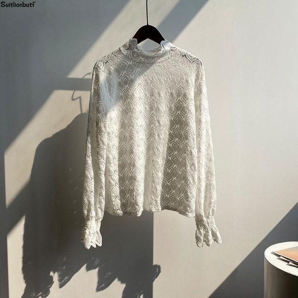 

women's blouses & shirts korean see-though hair prefect lace blouse pullover long sleeve sweet based blusas mujer de moda elegant ladie, White