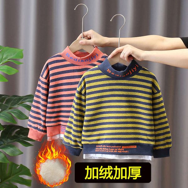 

new 6674 boys' autumn plush sweater 2020 and winter wear striped thickened warm base coat wtern sle children's top, Black