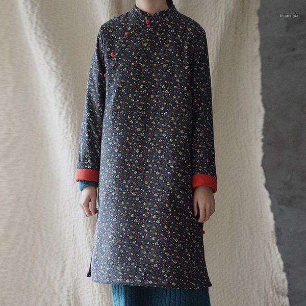 

johnature 2019 winter retro floral print button stand thickened corduroy dress new simple comfortable women long sleeve dresses1, Black;gray