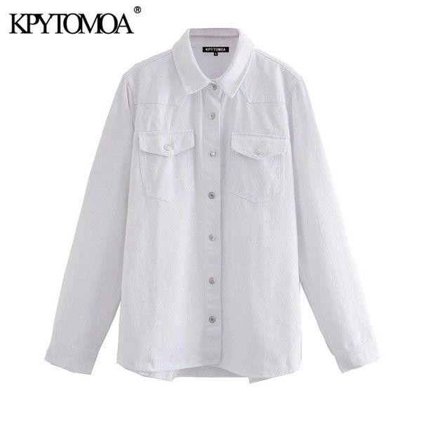 

kpytomoa women 2020 fashion with pockets loose denim blouses vintage lapel collar long sleeve female shirts blusas chic, White