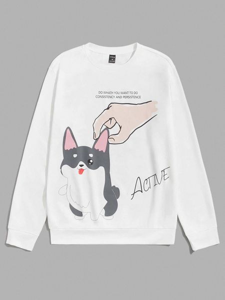 

men cartoon & slogan graphic round neck pullover n4ei#, Black