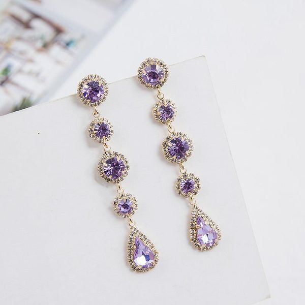 

dominated 2020 new fashion delicate purple crystal tassels women drop earrings long water drop modelling shiny joker jewelry, Silver
