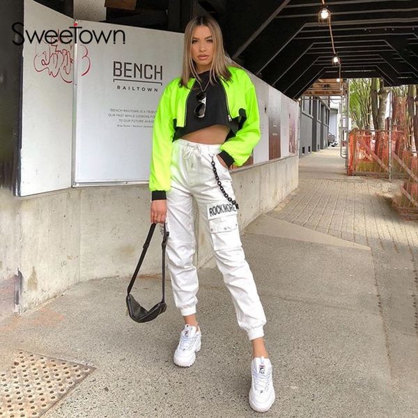 

sweetown black streetwear cargo pants women white drawstring elastic high waist trousers metal chain fashion hippie harem pants y200418, Black;white