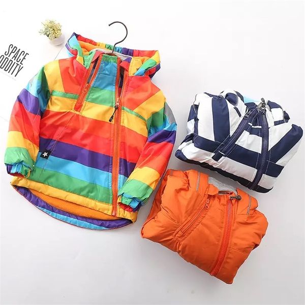 

autumn winter children outerwear kids warm coat hooded thickening waterproof windproof for boys girls rainbow stripe jacket 2- lj201202, Blue;gray