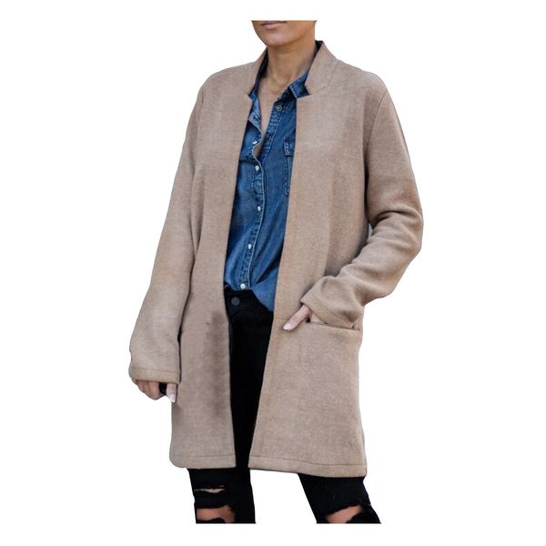 

woolen fashion down jacket women 2020 pocket cardigan long sleeve coats slim mandarin collar women's wool winter coat, Black;brown