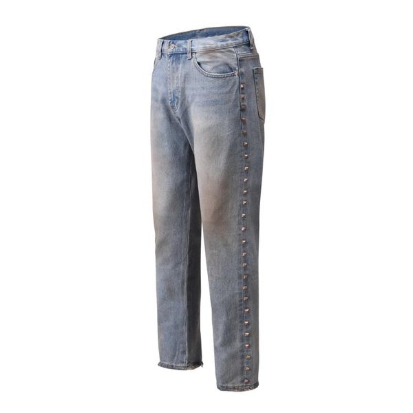 

dusty blue rivet jeans distressed leg opening jogger men streetwear