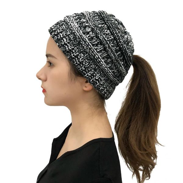 

beanie/skull caps women autumn winter solid color knitted hat beanie bonnet cap warm ladies casual horsetail crochet head accessories, Blue;gray