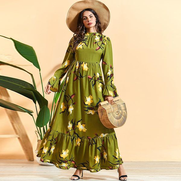 

siskakia maxi dress elegant stand collar flare long sleeve a line dresses green plus size lily printed arab women clothing 2020 lj200824, Black;gray