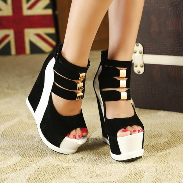

women shoes 2021 summer genuine woman platform thick soles sandals wedges high heel 14cm peep toe mixed colors shoes, Black