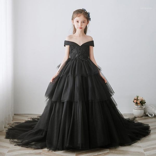 

flower girls dresses princess v-neck sequined beading ball gown off the shoulder tulle tiered embroidery kids party dress d2471, Red;yellow