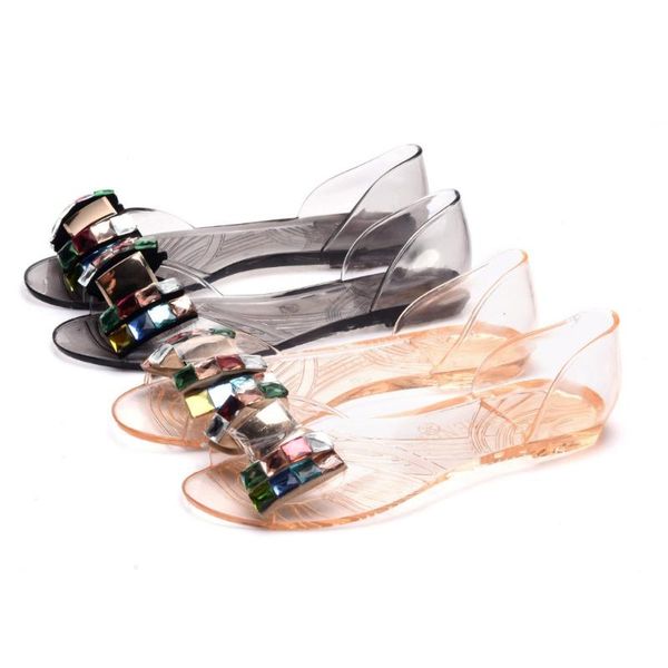 

женщин flats кристалл горный хрусталь желе обувь лук сандалии летом пляж обувь прозрачный водонепроницаемый дождь скольжения на плоской, Black