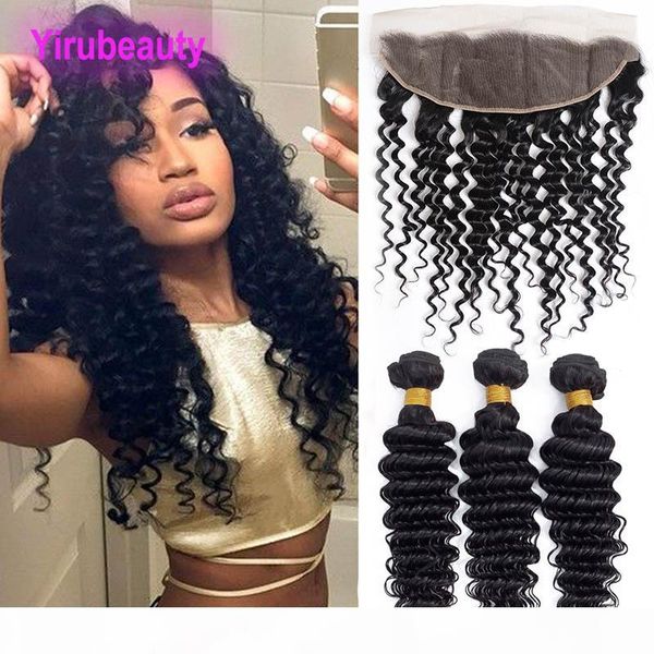 

indian virgin hair natural color deep wave hair extensions with 13x4 lace frontal human hair bundles with closure 4 pieces lot, Black;brown
