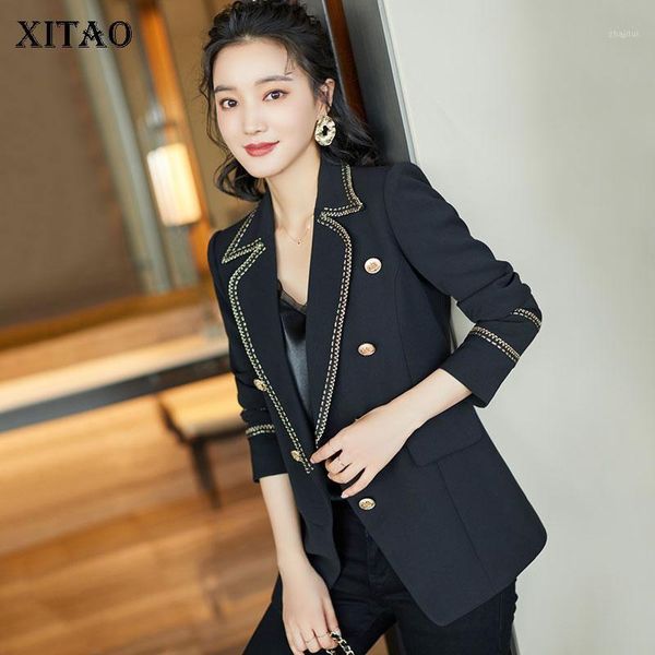 

xitao women blazer double breast pocket full sleeve 2020 winter split casual style elegant patchwork minority coat zy30471, White;black