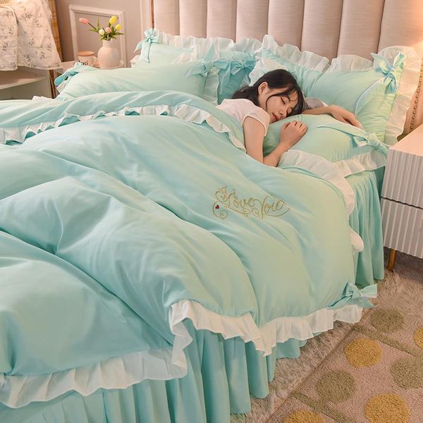 

bedding sets 2021 korean bed skirt set washed cotton ruffles bow bowknot decor duvet cover solid blue green bedclothes home textile