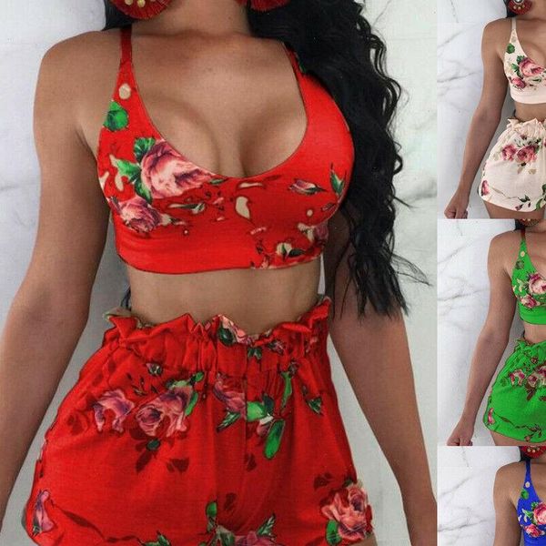 

women 2 pieces set floral printed mini dress and cropped halter fashion 2021 summer female button vest shorts set, Gray