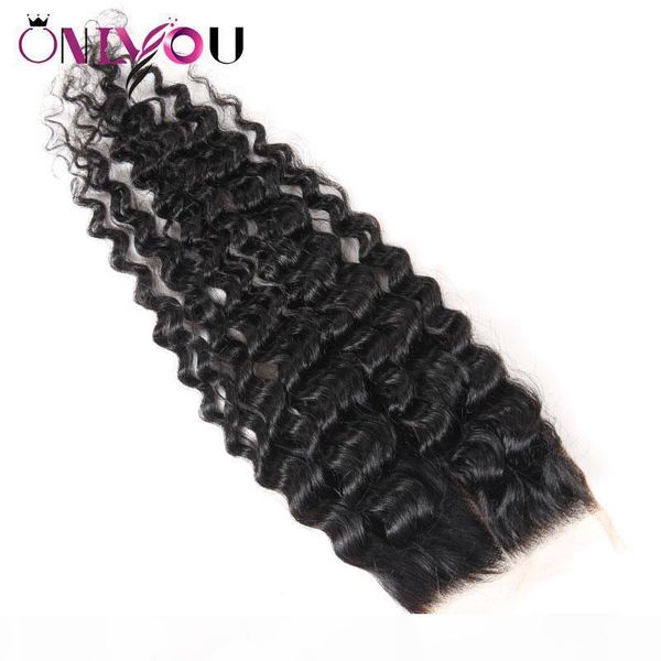 

onlyou human hair extensions deep wave 4x4 middle part lace closure brazilian peruvian virgin hair deep wave closure 10-22 inch, Black;brown