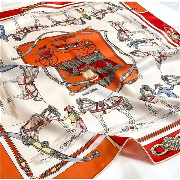 

silk neck scarf foulard satin scarf female silk head scarves for ladies hand sewn edges scarf 90 carriage print foulard, Blue;gray