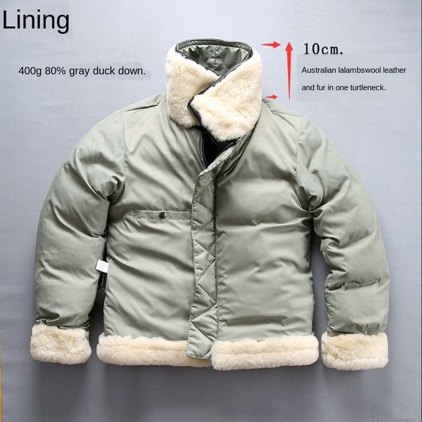 

зима натуральная кожа мужской отворот ягненка меха шуба пуховик воротник сафьян кожаное пальто american b3 air force пуховик, Black