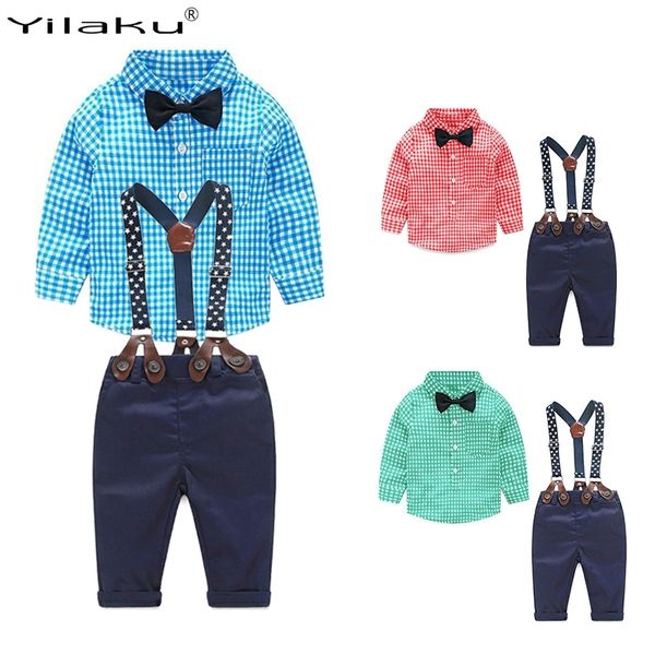 

yilaku baby boy clothes sets 6m-4years long sleeve newborn infant clothing gentleman suit plaid shirt+bow tie+suspender ff032 y200323, White