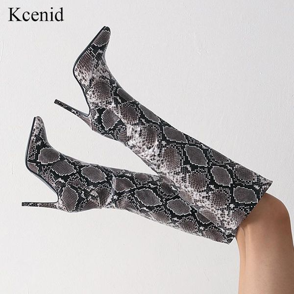 

kcenid new women's shoes woman plus large big size 34-43 knee high boots sake print pu leather high heel party boots 2020, Black