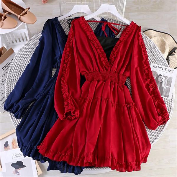 

осень женщины фонариков рукавом v шеи плиссированные узелок шифоновое вскользь lady эластичные тонкий пуловер рябить шикарный мини-платье, Black;gray