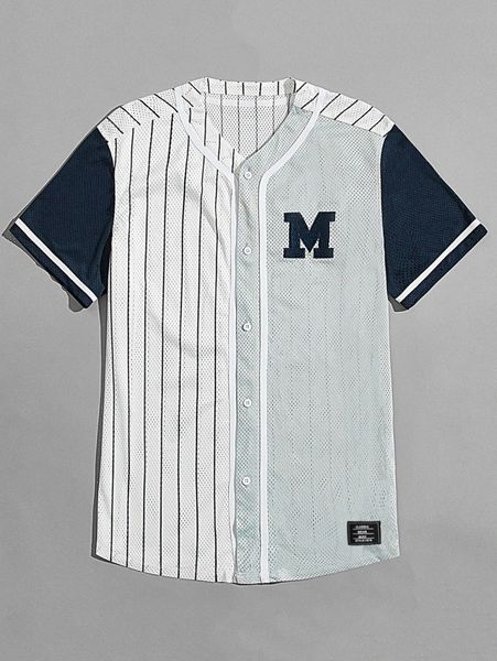 

men letter patched colorblock striped mesh shirt a2fg#, White;black
