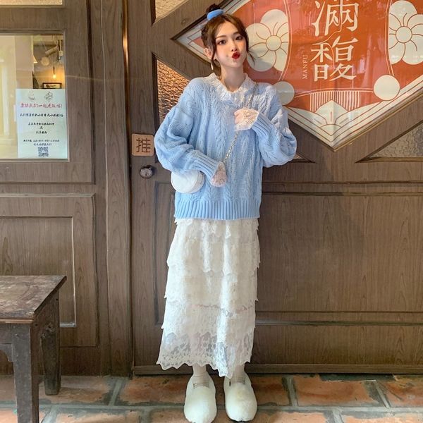 

autumn and winter 2020 new style loose long sleeve sweater + lace skirt 2-piece fashion suit for women