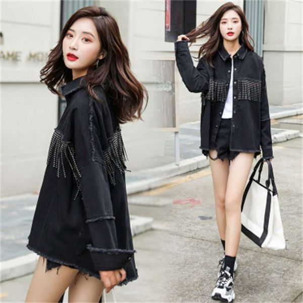 

2020 autumn new denim coat women's nail bead tassel stitching black loose versatile cool fashion, Black;brown