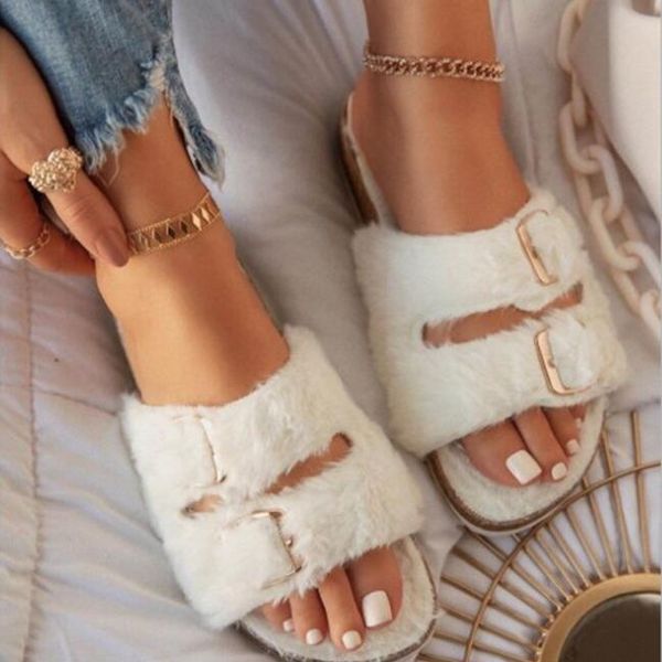 

home sandals comfortable 35-43 flip flop 2021 fall/winter new plus size women's shoes flat candy-colored plush women's slippers, Black