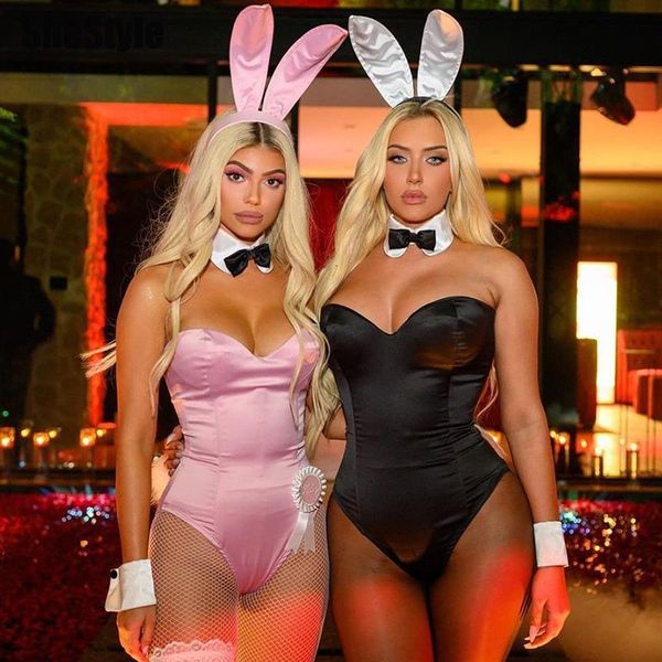 

shestyle bunny tail strapless satin bodysuits women pink lovely party club costume bra shape backless rabbit body suits, Black;white