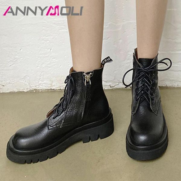 

annymoli motorcycle boots women shoes real leather platform high heel ankle boots zip thick heels lace up short beige 401, Black