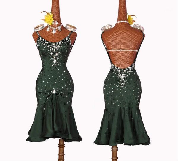 

shiny rhinestone latin dance dresses for women deep green rumba tassel skirt evening dress ballroom competition clothing1, Black;red