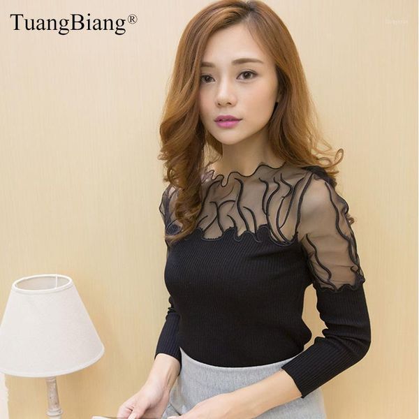 

black lace backless 2020 spring pullovers hollow out knit sweaters ladies elegant elastic ruffled collar long sleeve jumper1, White;black