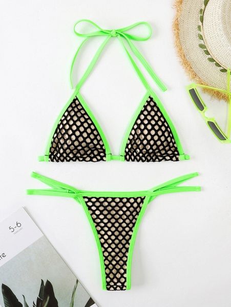 

contrast fishnet contrast binding halter bikini swimsuit s49f#, White;black