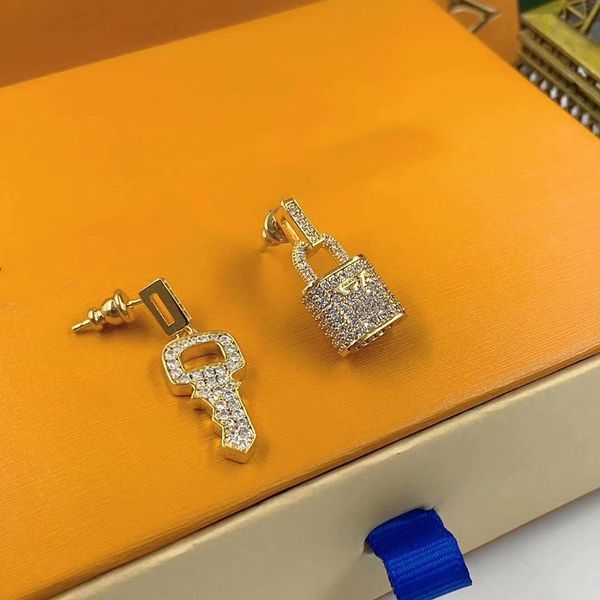 

designer earrings jewelry classic letter logo lock key inlaid diamond asymmetric stud with box, Golden;silver